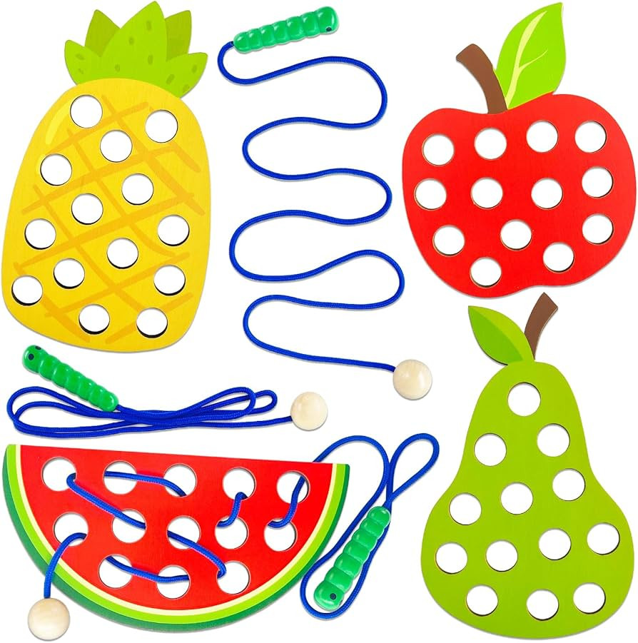 4 Pack Wooden Lacing Threading Toys, Fine Motor Skills Educational Puzzles, Wooden Fruit Threadin... | Amazon (US)
