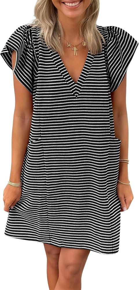 Dresses for Women Spring Summer V Neck Ruffle Short Sleeve Striped Mini Dress Casual Sundress wit... | Amazon (US)