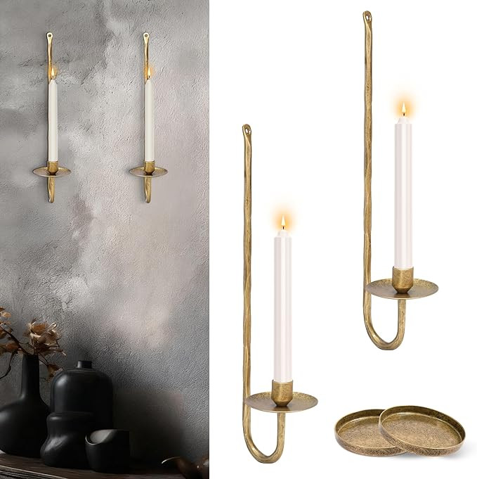 Wall Candle Sconces Set of 2 Metal Wall Candle Holders Hand-Forged Vintage Gold Solid Steel, Rust... | Amazon (US)
