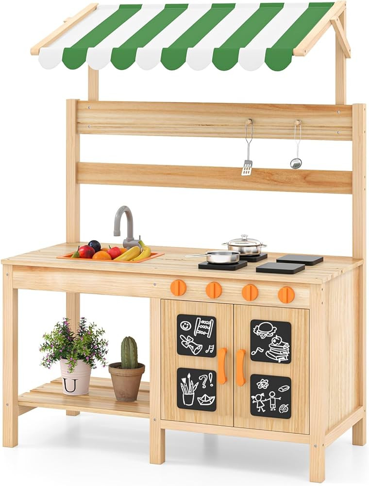 Mud Kitchen with Canopy, Fir Wood Outdoor Play Kitchen for Toddlers, Faucet & Sink, Bla... | Amazon (US)