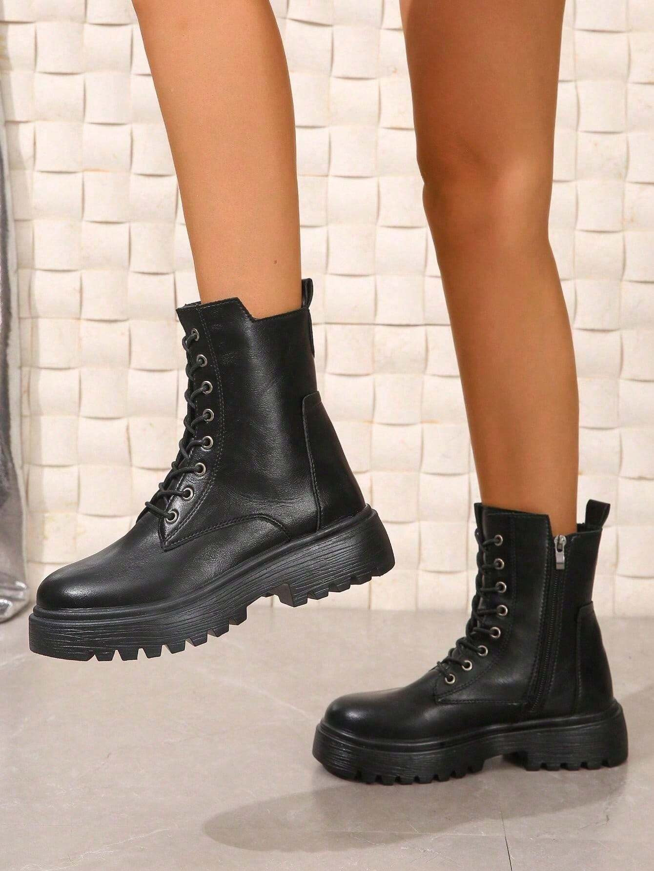 Women's Black Motorcycle Boots With Thermal Lined And Side Zipper, Comfortable, Warm, Solid Color... | SHEIN