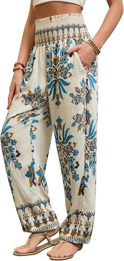 QIANXIZHAN Women's Harem Pants, Hippie Boho Pants High Waist Flowy Yoga Pants with Pockets | Amazon (US)