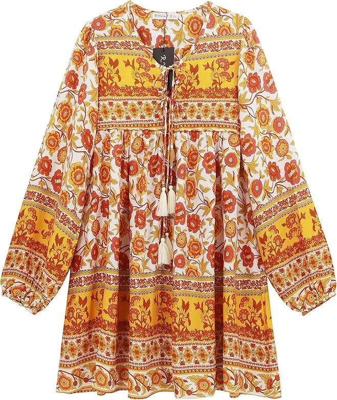 R.Vivimos Womens Long Sleeve Floral Casual Print Cotton Mini Tunic Dress | Amazon (US)