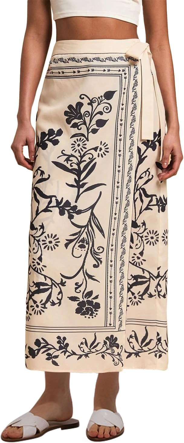 Womens Floral Wrap Midi Skirt Summer Adjustable Tie Side Casual High Waist A Line Beach Boho Long... | Amazon (US)