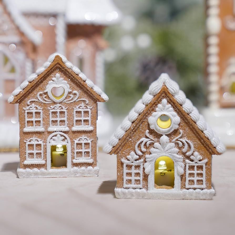 Braxio Gingerbread House Kit Christmas Decorations - 2Pc Resin Christmas Gingerbread House with L... | Amazon (US)