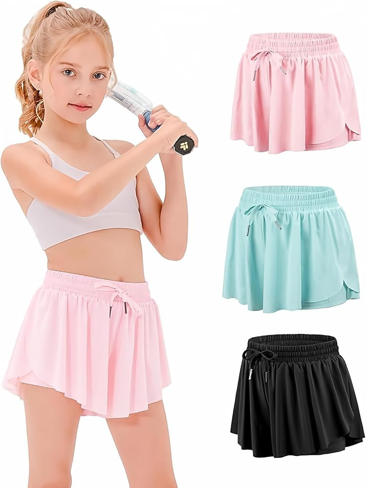 Amazon.com: Stelle Girls Flowy Shorts with Pockets Athletic Running Skirt High Waist Butterfly 2 in 1 Sports Short 5-16 Years(PK+LB+BK,XS): Clothing, Shoes & Jewelry | Amazon (US)