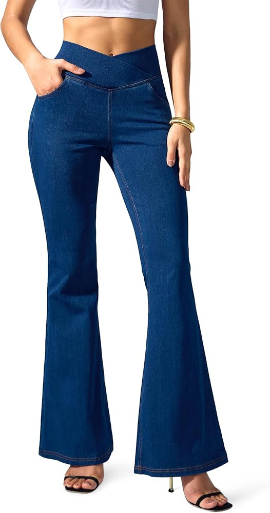 Rammus Flare Jeans for Women Crossover High Waisted Bell Bottom Jeans Trendy Yoga Pants Stretchy ... | Amazon (US)