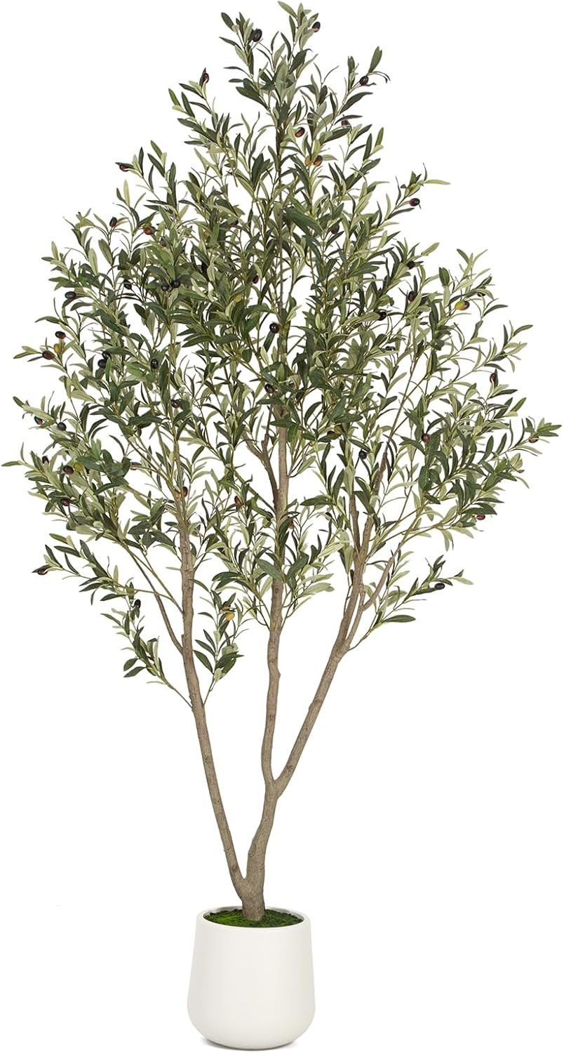 VIVATREES Olive Trees Artificial Indoor, 7FT Tall Faux Olive Tree with White Tall Planter, Artificial Plants with Natural Wood Trunk and Lifelike Fruits for Home Office Decor | Amazon (US)