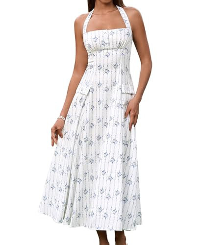 GLNEGE Floral Halter Corset Midi Dresses Summer Flowy Wedding Guest Dress A Line Bow Tea Party Sundress for Women | Amazon (US)