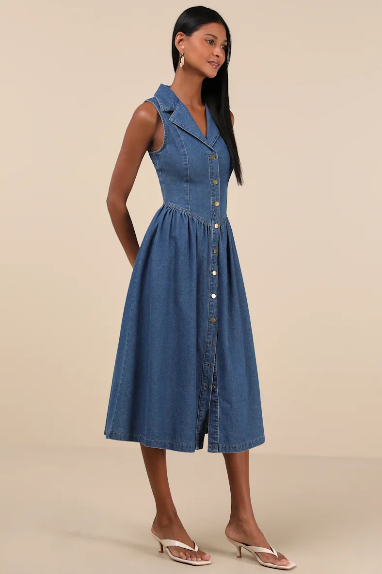 Levon Medium Wash Denim Button-Front Midi Dress | Lulus