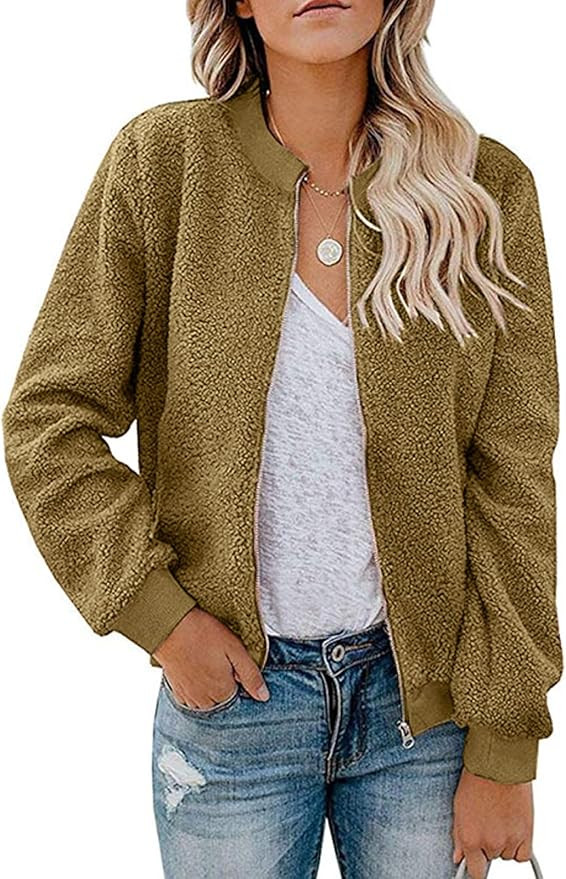 MIROL Women's Sherpa Fleece Jacket Faux Fuzzy Long Sleeve Casual Zip Up Bomber Coat | Amazon (US)