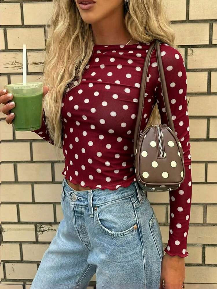 New Arrival Semi-Sheer Polka Dot Knit Sweater Top, Elegant For Daily, Date, Street, Airport, Music Festival Wear, All Seasons Vacation Casual Spring | SHEIN