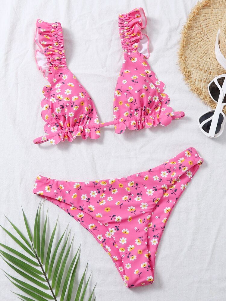 Floral Scallop Trim Triangle Bikini Swimsuit | SHEIN