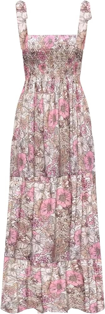 kinstell Women's Summer Boho Spaghetti Strap Square Neck Ruffle Casual Flowy Long Dress Beach Swi... | Amazon (US)