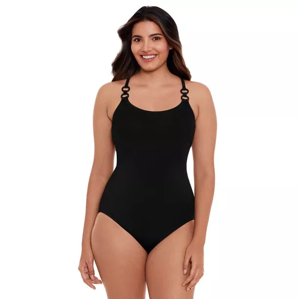 Time and Tru Women's and Women's Plus Size Solid Black Plunge V Neck One  Piece Swimsuit 