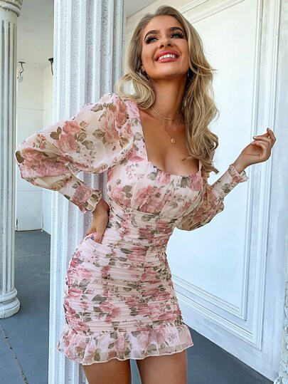 Eilly Bazar Ruffle Trim Ruched Floral Print Dress | SHEIN