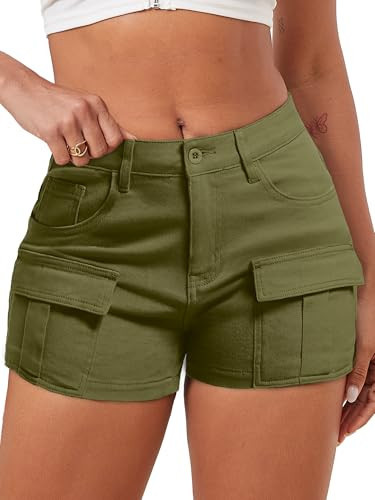 ELLEVEN Cargo Shorts for Women Trendy, High Waisted, High Stretchy, Summer Casual Sexy Y2K Mini Cotton Shorts with Pockets Army Green X-Small | Amazon (US)