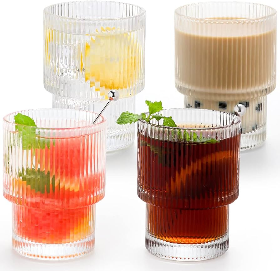 Amazon.com | Swetwiny Origami Style Glass Cup Set of 4 Ripple Vintage Glassware, Ribbed Glassware... | Amazon (US)