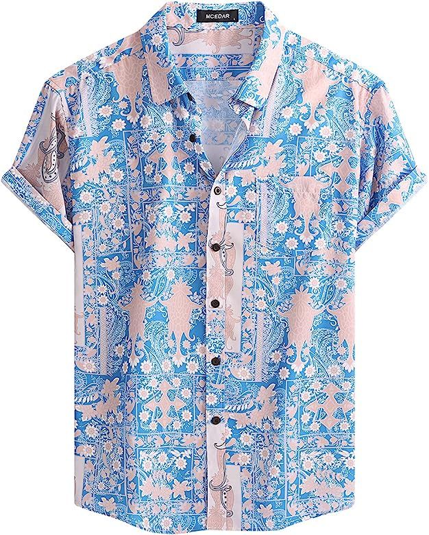 MCEDAR Mens Casual Short Sleeve Button Up Vintage Summer Hawaiian Beach Vacation Shirts (Size S-5XL  | Amazon (US)