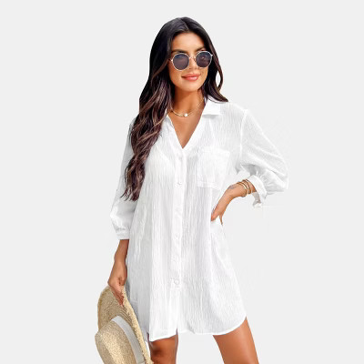Women's Seersucker Cover-Up Dress with Tie Cuff - Cupshe-L-White | Target