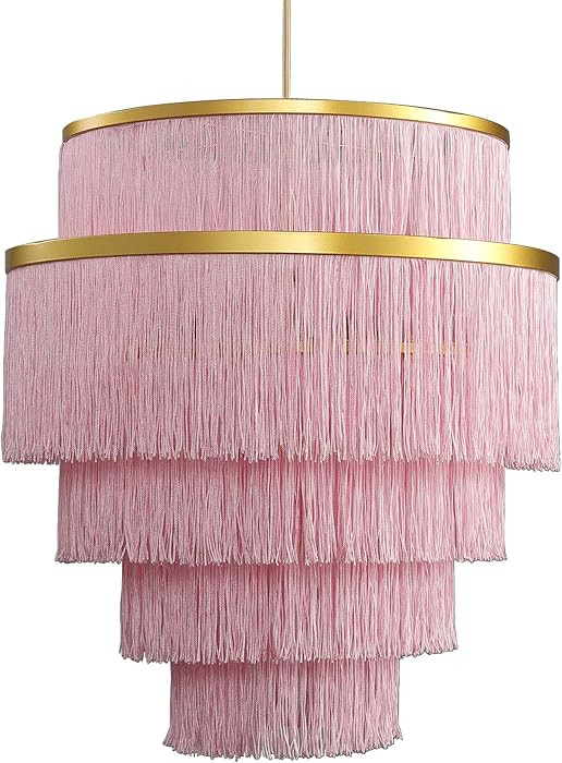vivihobb 5-Tiered Pink Chandelier,3 Lights Boho Fringe Pendant Light Fixture,Tassle Chandelier fo... | Amazon (US)
