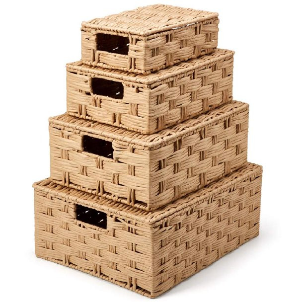 Set of 4 Woven Stackable Storage Baskets with Lid, Decorative Paper Rope Organizer Nesting Bin wi... | Walmart (US)