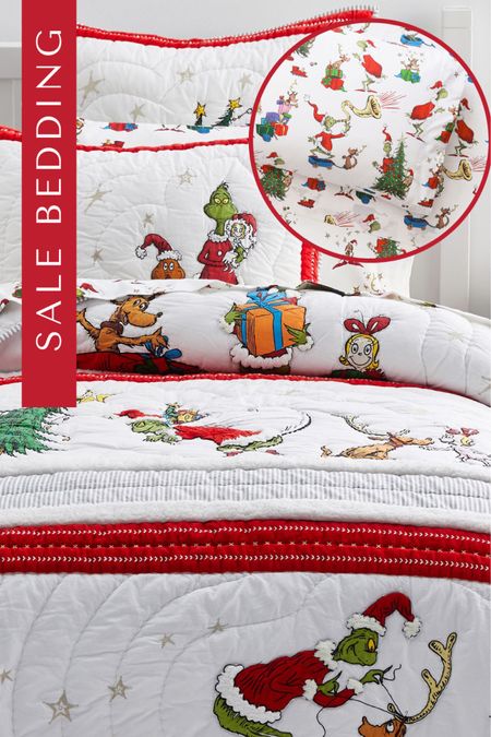 Pottery Barn Kids sale Christmas bedding, organic sheets and quilt set, grinch themed Christmas bedding on sale from pottery barn kids

#LTKfamily #LTKkids #LTKHoliday