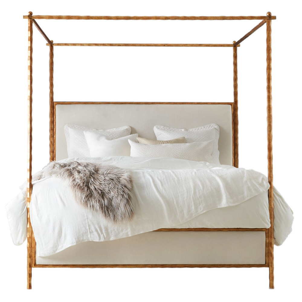 Marilyn Modern Classic Gold Leaf White Linen Upholstered Wood Canopy Bed - Queen | Kathy Kuo Home
