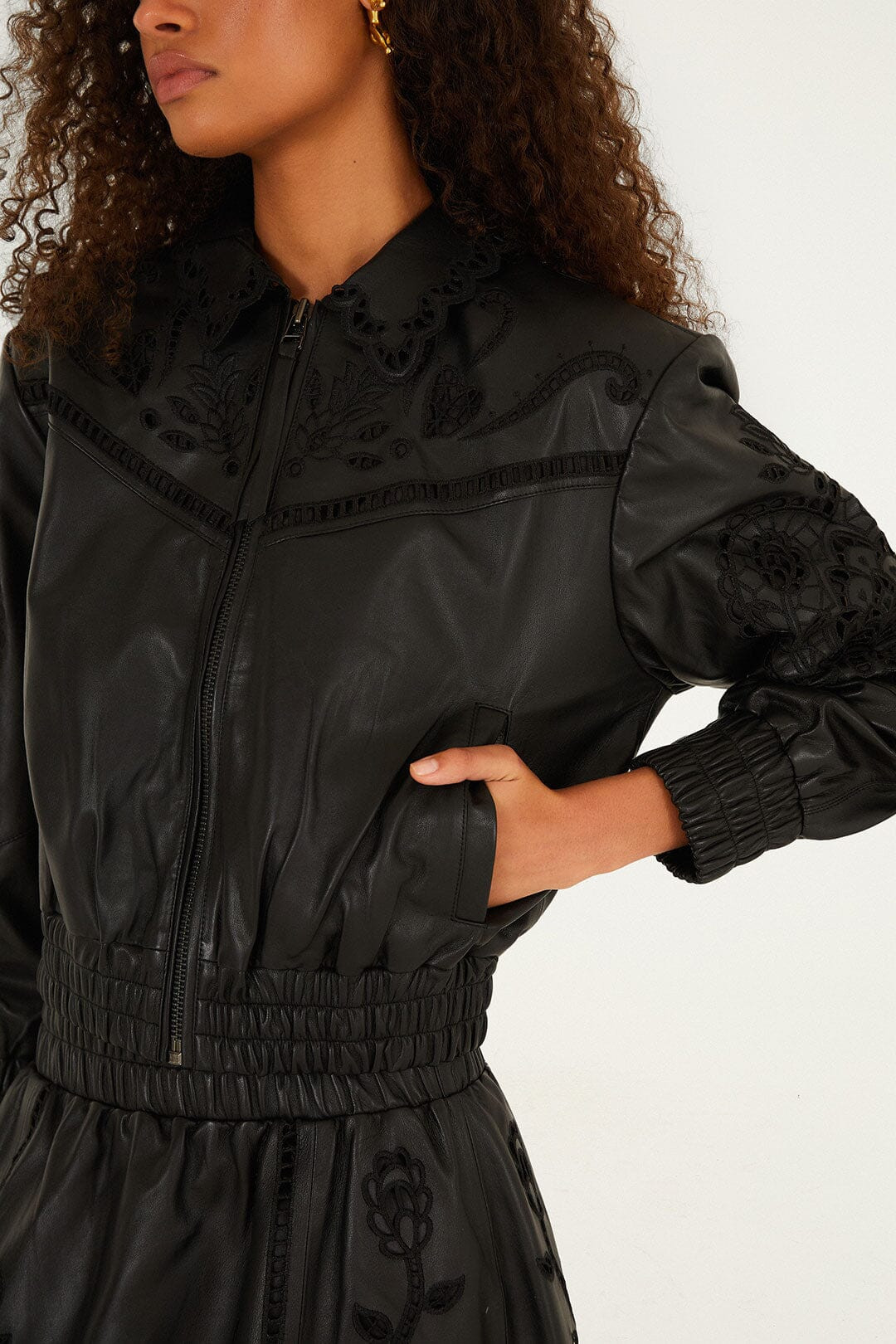 Black Richelieu Heart Leather Jacket, BLACK / S | FarmRio (US)