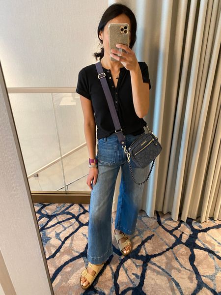 Vacation outfit. Cruise outfit. Wide leg jeans true to size or size down if in between. In regular length at 5’4 (supposed to be cropped). Henley tee I sized up. Denim bag. Denim handbag. Slide sandals. Charm necklace code HINTOFGLAM to save.  

#LTKstyletip #LTKover40 #LTKitbag