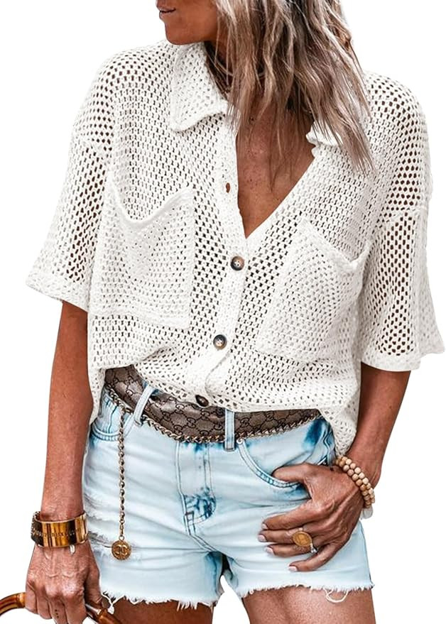 Fisoew Womens Crochet Lightweight Cardigan Sweaters Short Sleeve Summer Button Down Collared Loos... | Amazon (US)