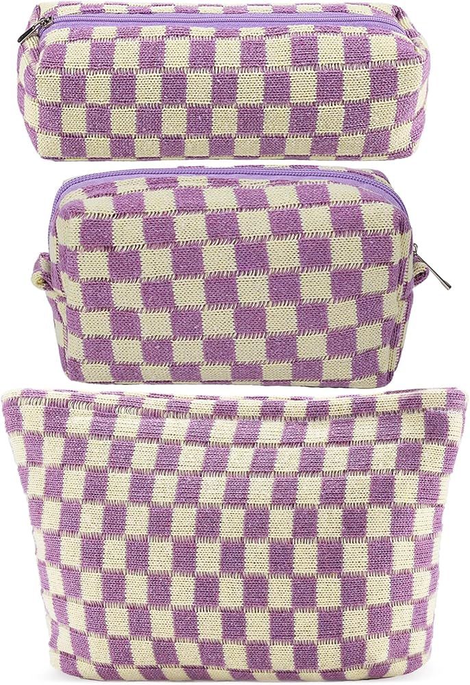 3Pcs Checkered Makeup Bag for Women Large Medium Small Purple Cosmetic Bag Set Travel Makeup Pouc... | Amazon (US)