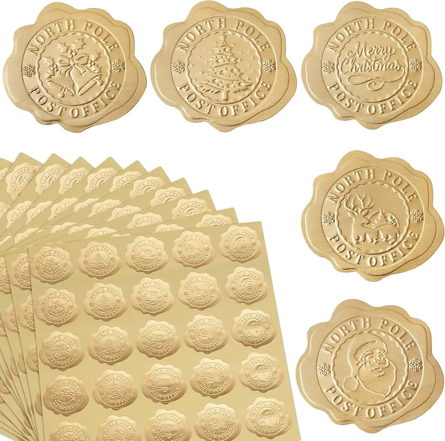 300pcs Gold Christmas Embossed Wax Seal Looking Envelope Seals for Gifts Packages/Party Favors, S... | Amazon (US)