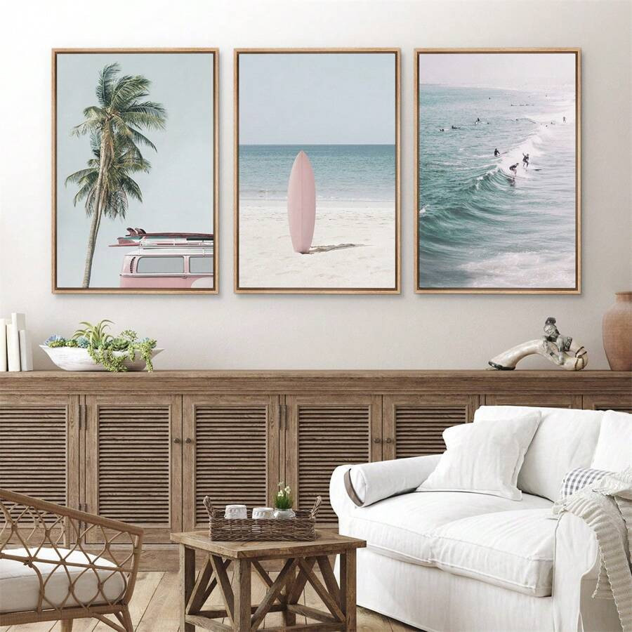 3pcs Framed Creative Canvas Poster, Palm Tree & Surfboard Ocean Seascape Painting, Waterproof Can... | SHEIN