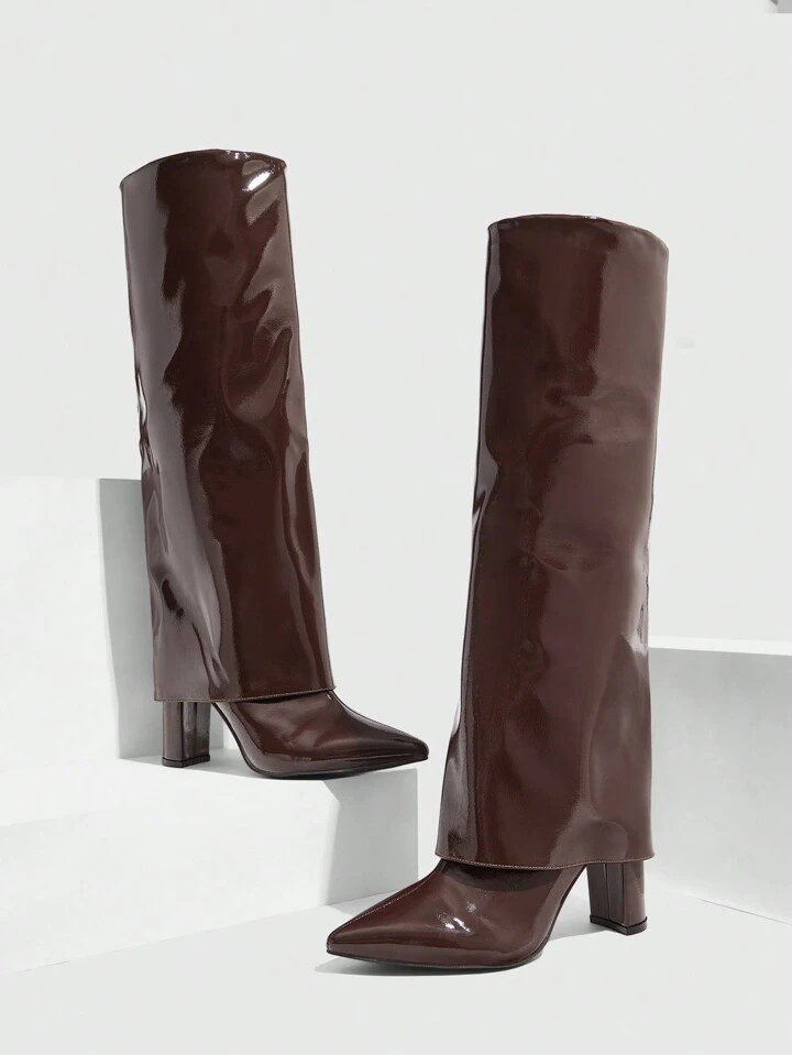 CUCCOO SZL Outdoor Women's Pointed Toe Chunky High Heel Glossy PU Leather Boots, Fashionable Mini... | SHEIN