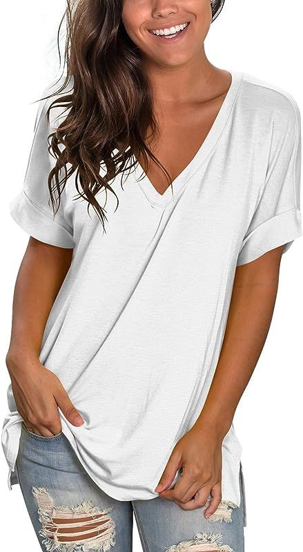 liher Women's Tshirts Casual V Neck Short Sleeve Loose Summer Tunic Tops | Amazon (US)