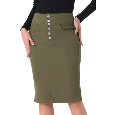 INSPIRE CHIC Women's High Waist Split Hem Casual Denim Pencil Skirt Army Green Small | Target