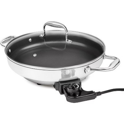 Electric Skillet By Cucina Pro - 18/10 Stainless Steel, Frying Pan with Non Stick Interior, with Glass Lid, 12" Round, Temperature Control Probe for | Target