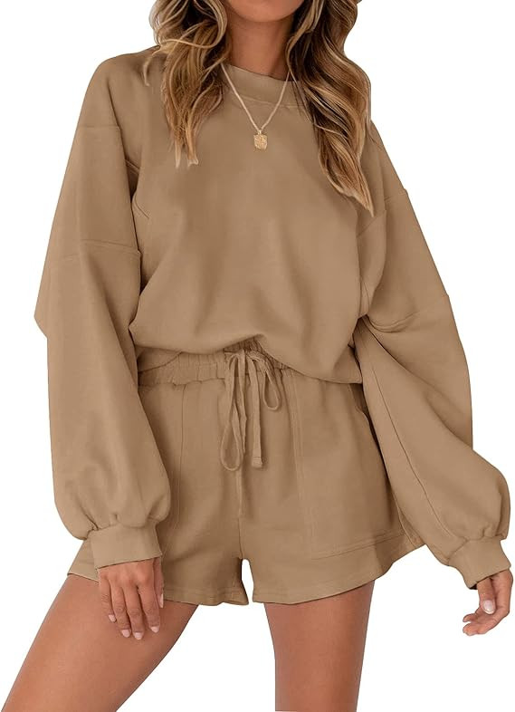 MEROKEETY Women's 2023 Fall Oversized Batwing Sleeve Lounge Sets Casual Top and Shorts 2 Piece Ou... | Amazon (US)