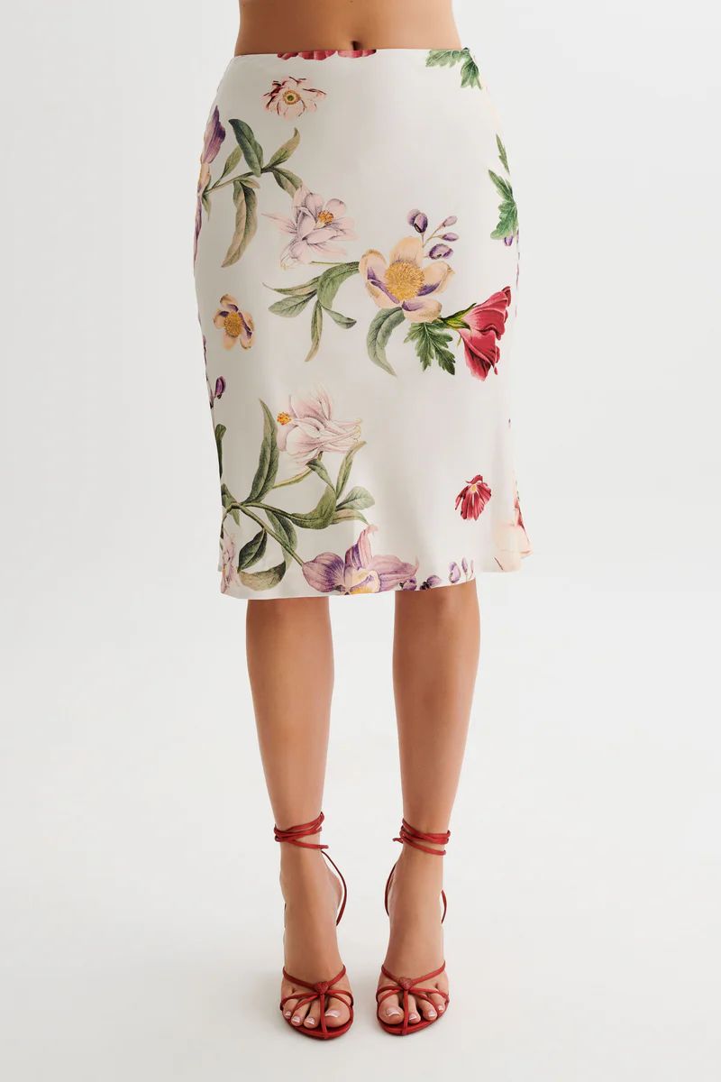 Allegra Satin Knee Length Skirt - Bella Rosa Print | MESHKI US