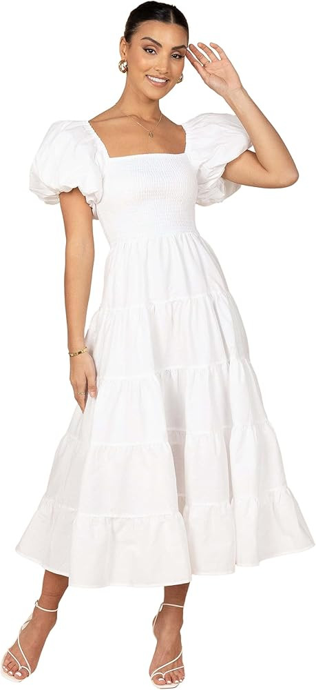 Petal & Pup Women's Annette Puff Sleeve Shirred Midi Dress | Amazon (US)