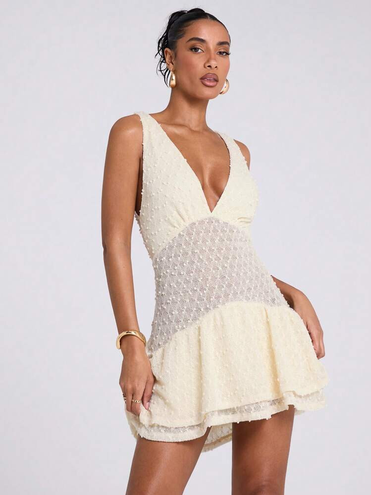 SHEIN BAE Women's Spring Summer Apricot Elegant Beach Vacation Travel Daily Party V Neck Sleeveless Ruffle Layered Asymmetric Hem Crochet Mini Dress,Concert Outfit Women,Spring Break Dresses,Sun Dress,White Graduation Dress,Business Casual Woman | SHEIN