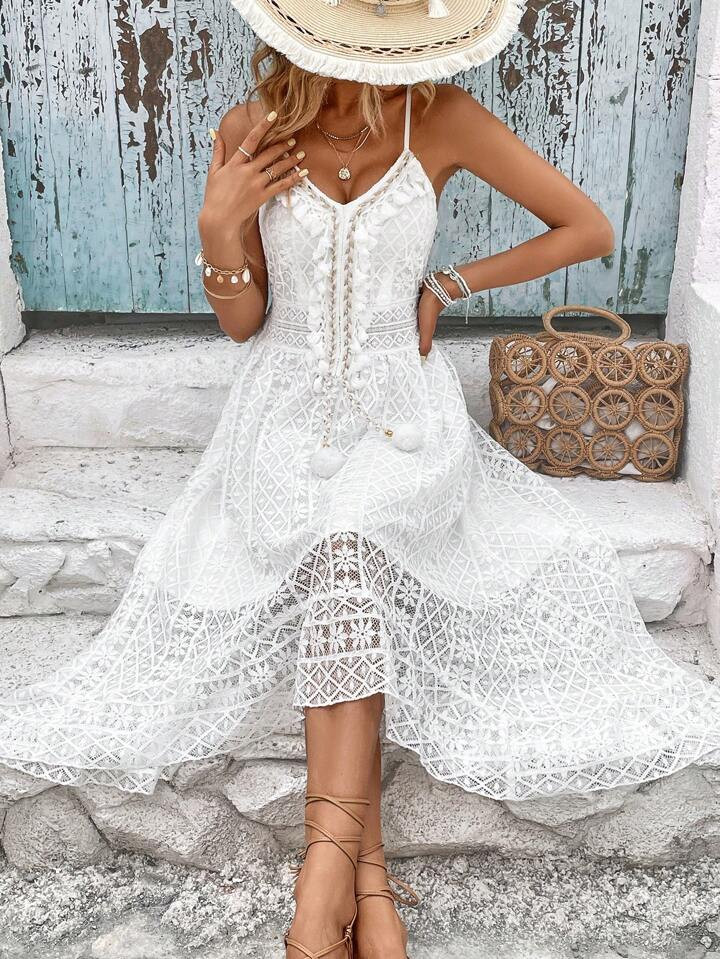 SHEIN VCAY Guipure Lace Insert Tassel Detail Cami Dress | SHEIN
