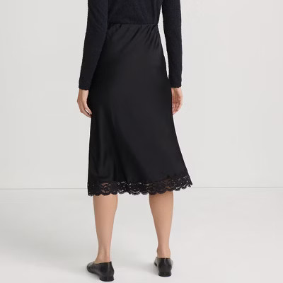 Lands' End Women's Satin Lace Trim Midi Skirt - 2 - Black | Target