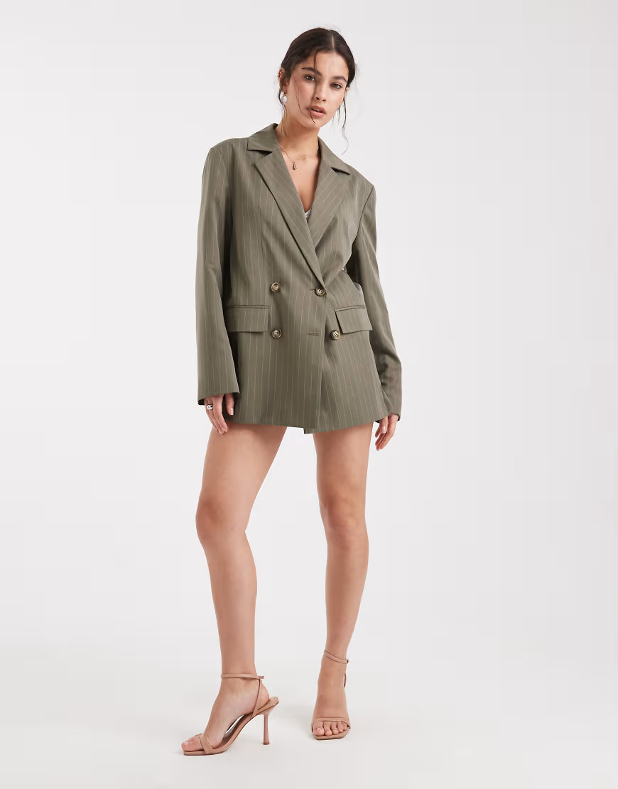 Miss Selfridge slouchy oversized double breasted blazer in khaki pinstripe - part of a set-Multi | ASOS (Global)