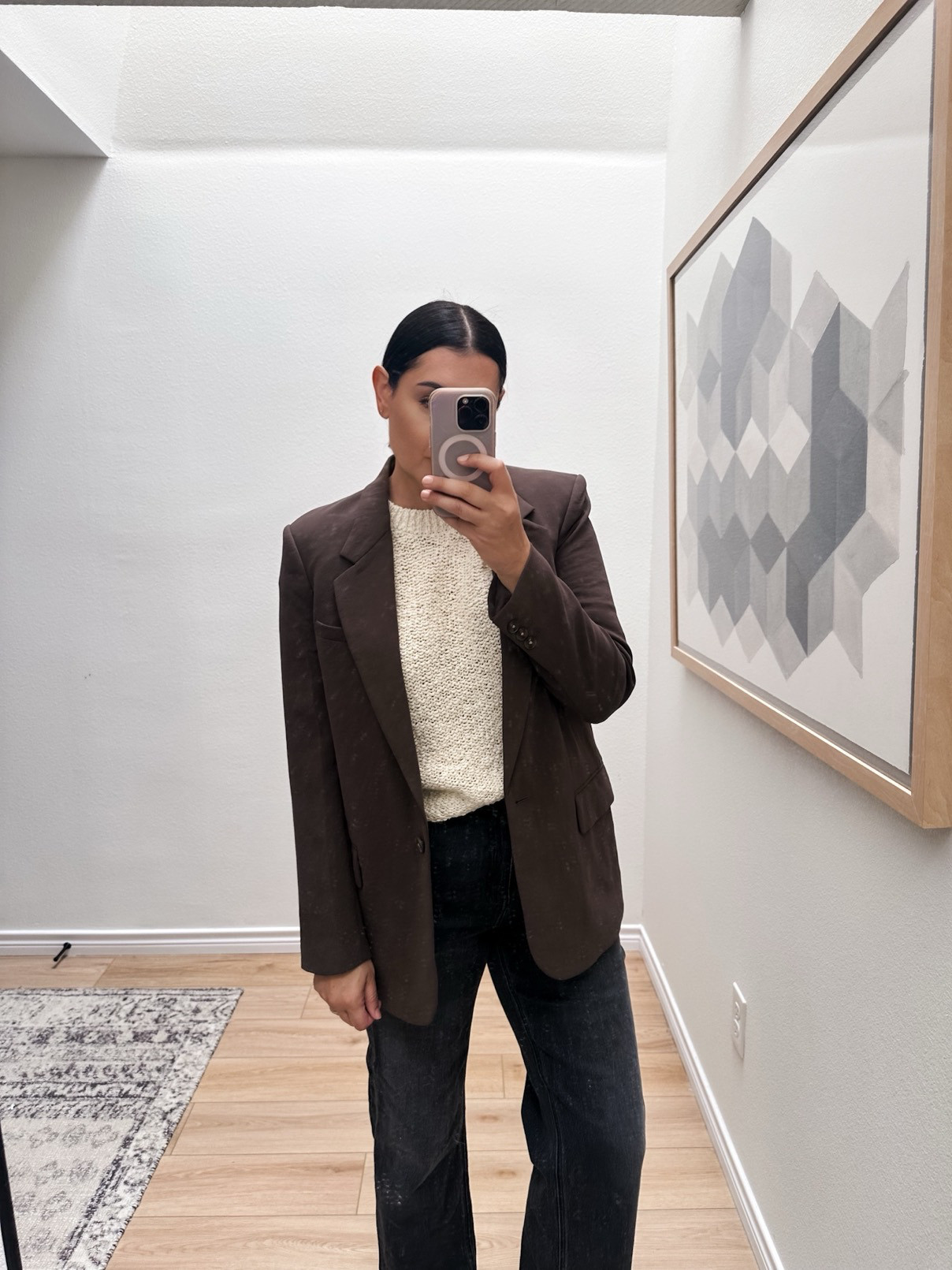 I'm in the medium of the blazer, fit is true to size. If you want a looser fit across the shoulders, go up one size. 

I'm in the medium of the vest, TTS. 
I'm in the 30 of the jeans, looser fit. 

 