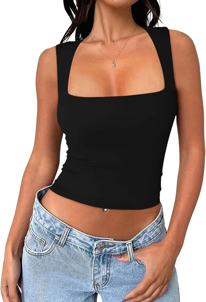 REORIA Women's Square Neck Going Out Crop Tops Double Lined Cute Basic Tank Tops 2024 Trendy Clot... | Amazon (US)