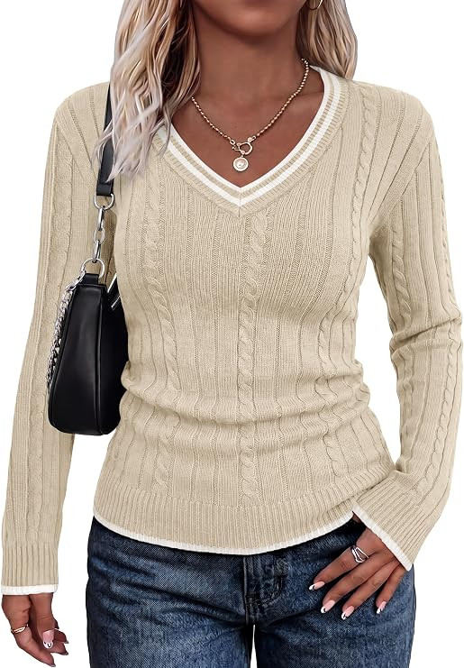 WIHOLL Sweaters for Women Early Fall Fashion Must Haves 2026 Winter Clothing Long Sleeve Tops V N... | Amazon (US)