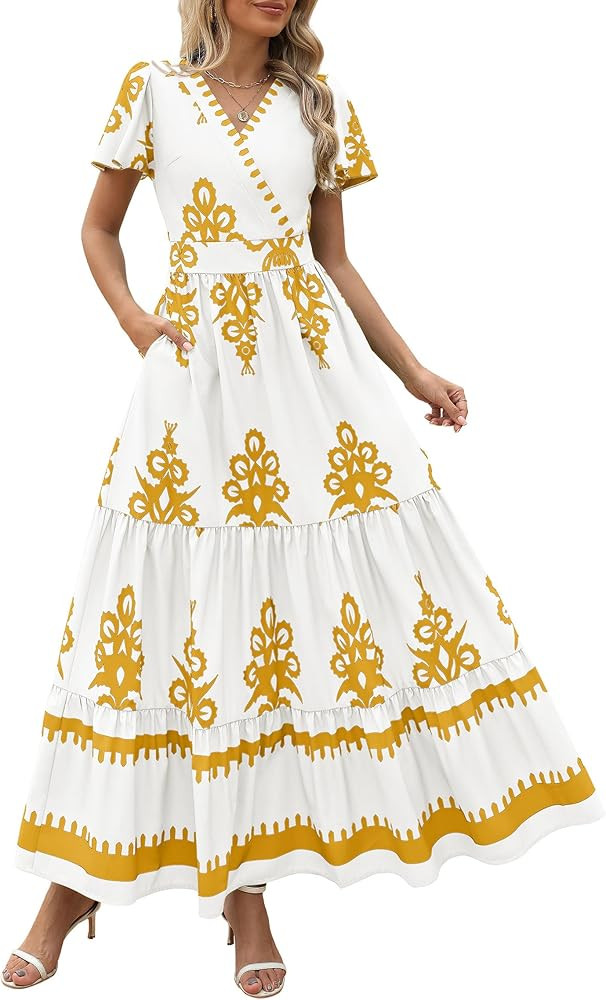 PRETTYGARDEN Womens 2026 Summer Casual V Neck Boho Maxi Dress Flowy Aline Bell Sleeve Tiered Flor... | Amazon (US)