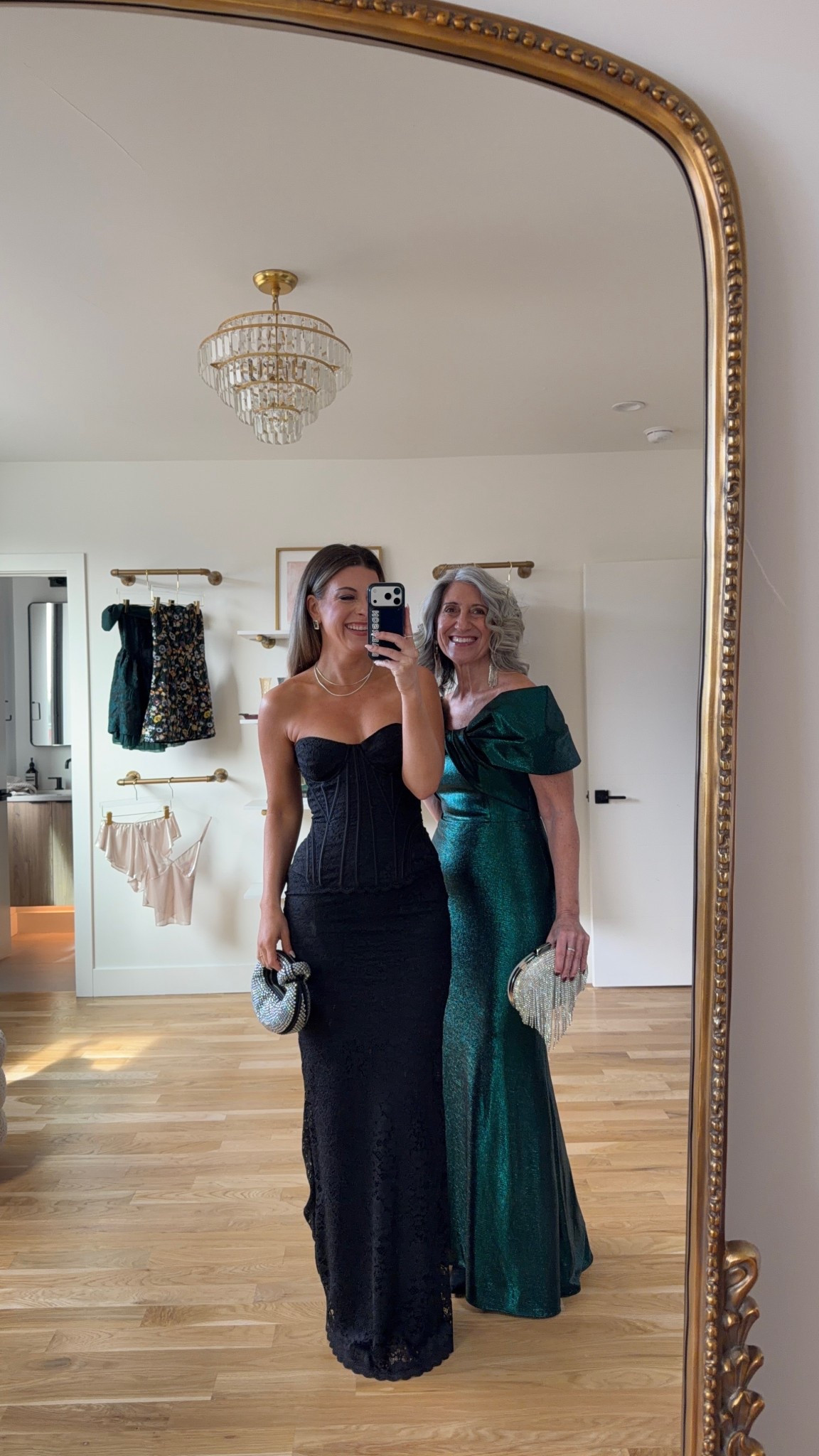 Mom and me wedding guest and formal event dresses black corset lace gown and green off the shoulder satin dress 

Electric picks code: emerson20

Wearing my usual small/2
Mom wears a medium/6

Wedding guest
Formal event
Black tie
Corset
Metallic
Lace
Mother of the bride
Special occasion 

#LTKSeasonal #LTKWedding #LTKootd